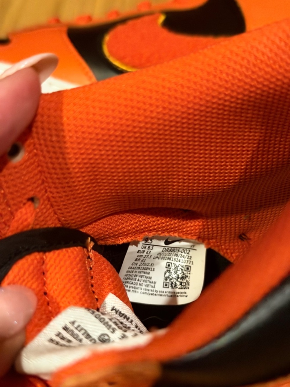 Nike Dunk High Retro Chenille Swoosh Safety Orange and Black Mid-Top Sneakers - Picture 6 of 6